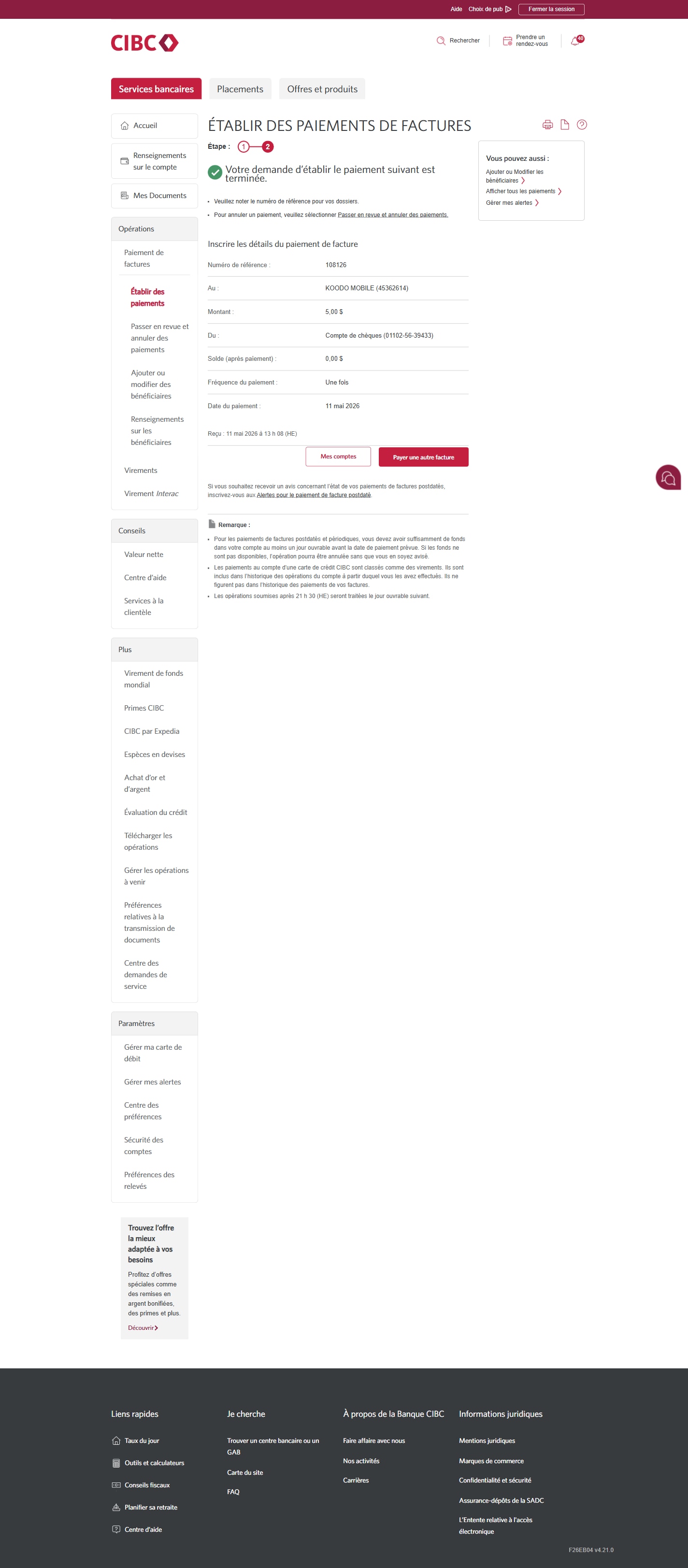 Écran 16 de la démonstration : Page de confirmation des factures de Services bancaires CIBC en direct. Aucune animation en pulsation.
