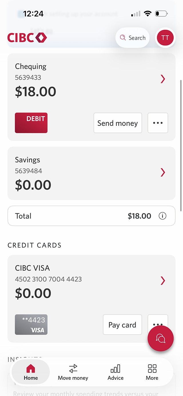 Demo screen 2: CIBC Mobile Banking App homepage. A pulsing animation highlights the more potions button.
