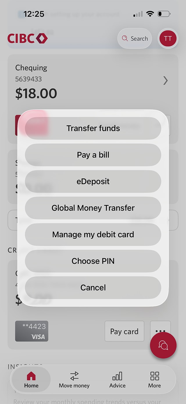 Demo screen 3: CIBC Mobile Banking App three-dot menu modal A pulsing animation highlights the "Pay a bill" button.