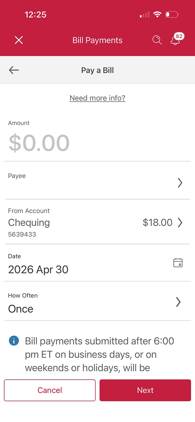 Demo screen 4: CIBC Mobile Banking App Bill Payments menu. A pulsing animation highlights the "Payee" button.
