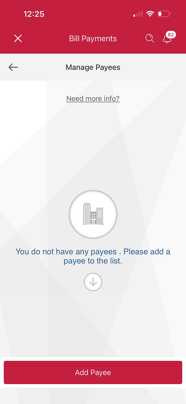 Demo screen 5: CIBC Mobile Banking App Manage payees page. A pulsing animation highlights the "Add payee" button.