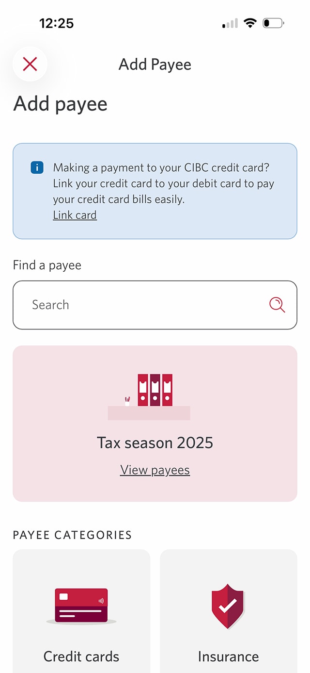 Demo screen 6: CIBC Mobile Banking App Add payee page. A pulsing animation highlights the search field.