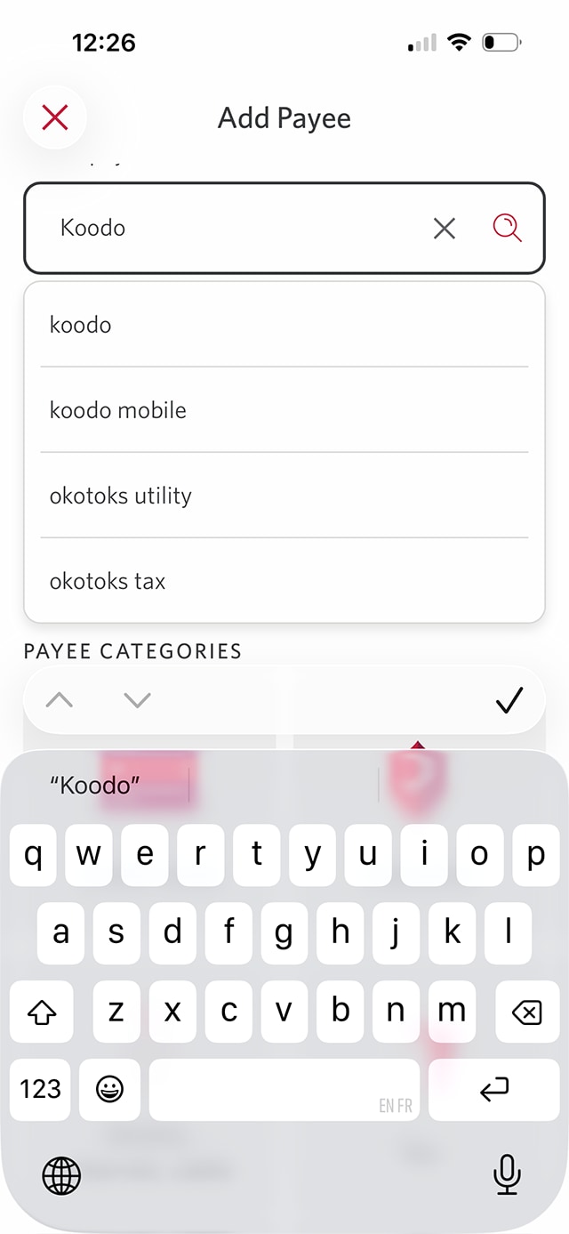 Demo screen 7: CIBC Mobile Banking App Add payee page. A pulsing animation highlights the "Koodo" option.