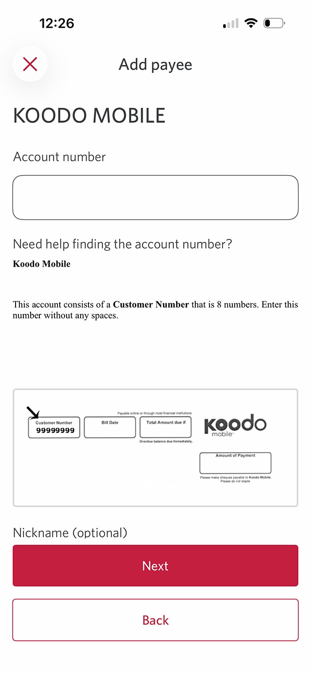 Demo screen 8: CIBC Mobile Banking App Add payee page A pulsing animation highlights the next button.