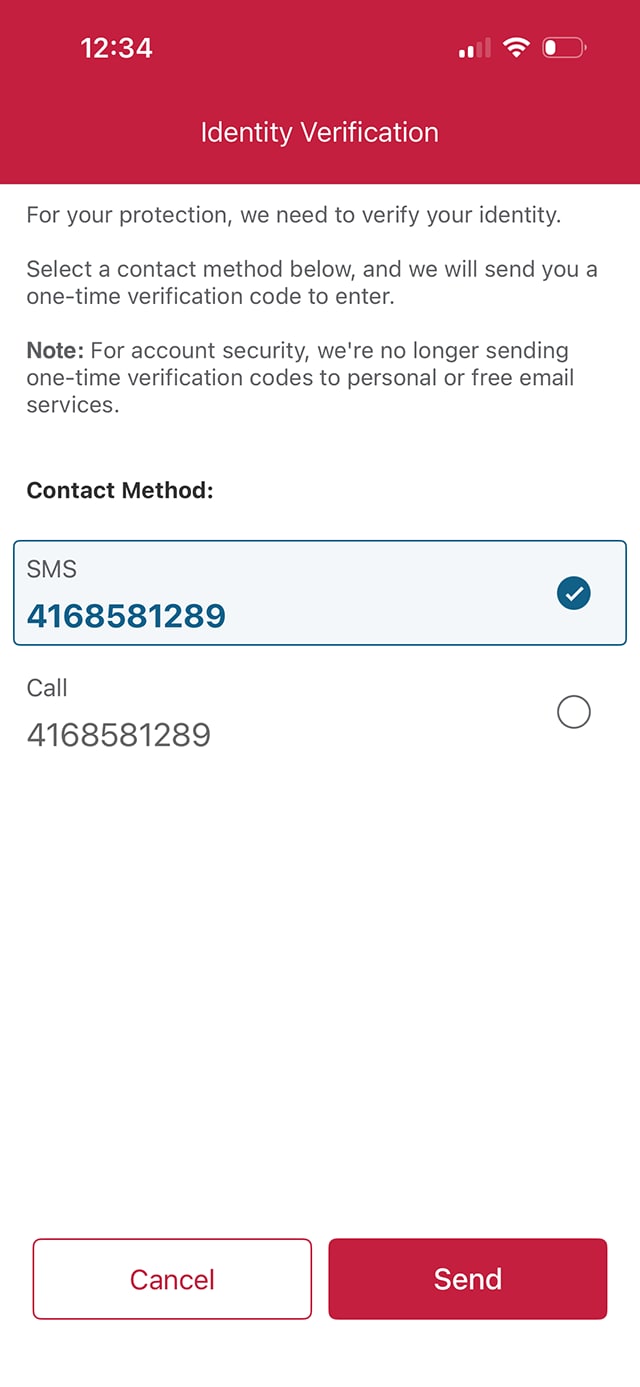 Demo screen 10: CIBC Mobile Banking App identity verification. A pulsing animation highlights the "Send" button.