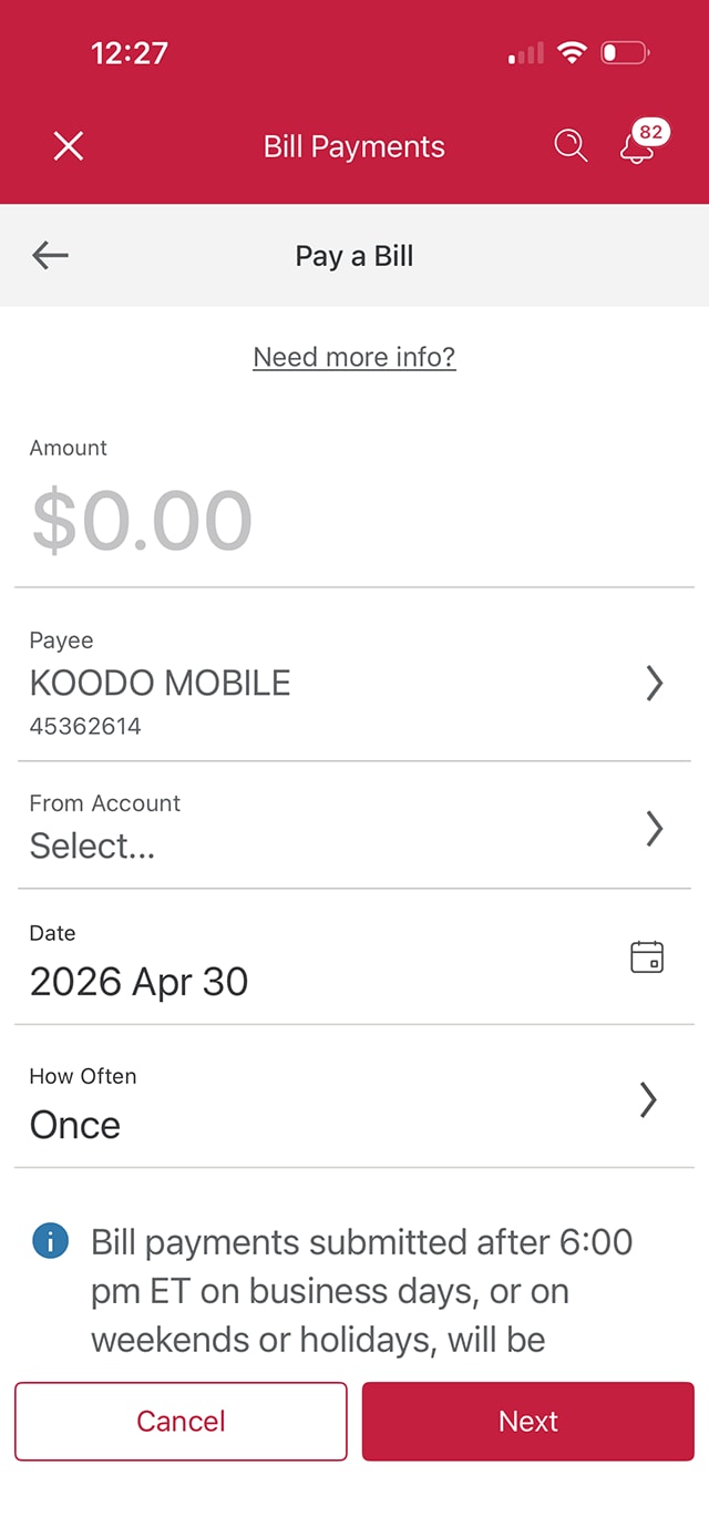 Demo screen 13: CIBC Mobile Banking App bill payments. A pulsing animation highlights the Amount field.