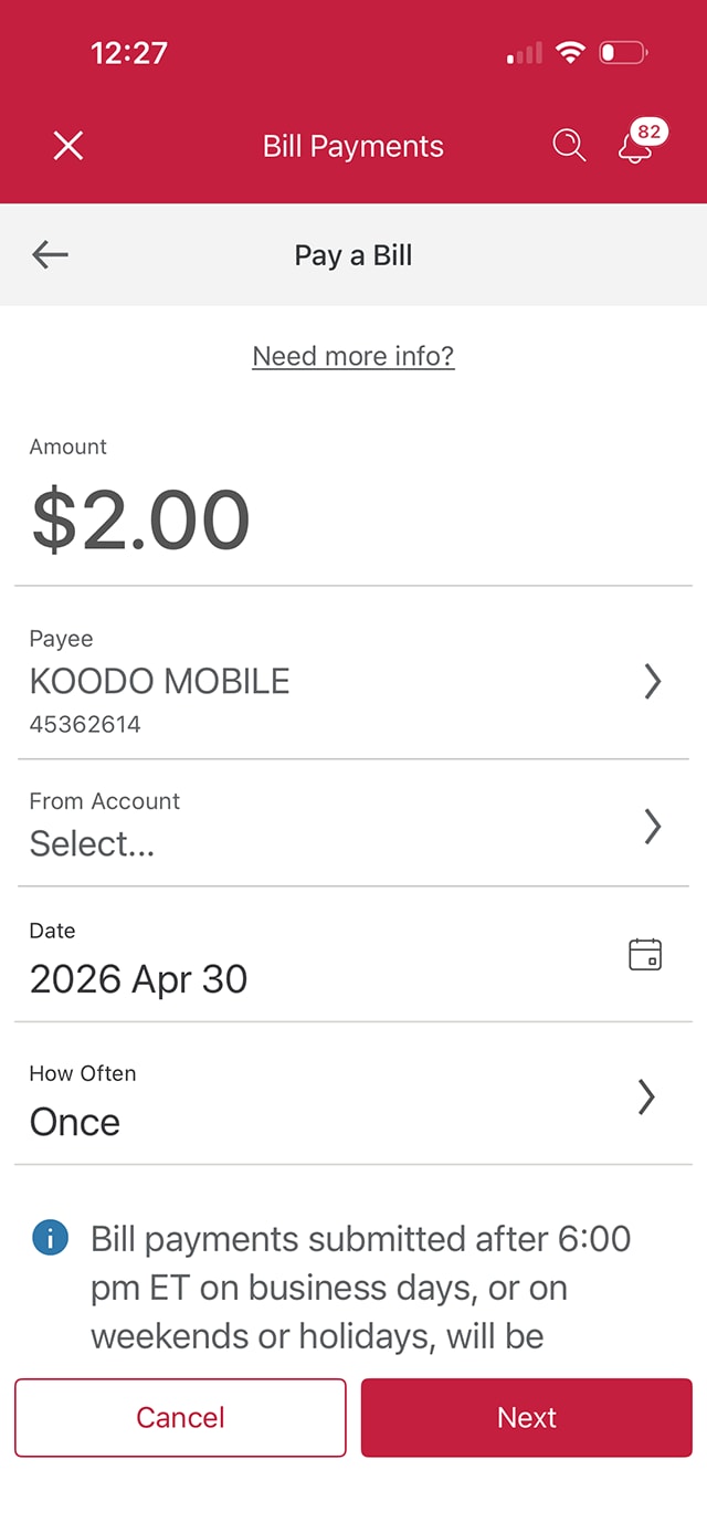 Demo screen 14: CIBC Mobile Banking pay a bill. A pulsing animation highlights the "From account" button.