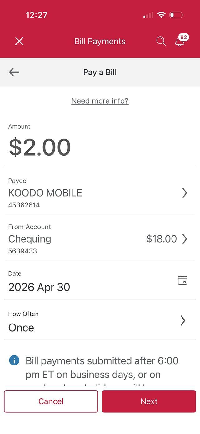 Demo screen 15: CIBC Mobile Banking App pay a bill. A pulsing animation highlights the calendar button.