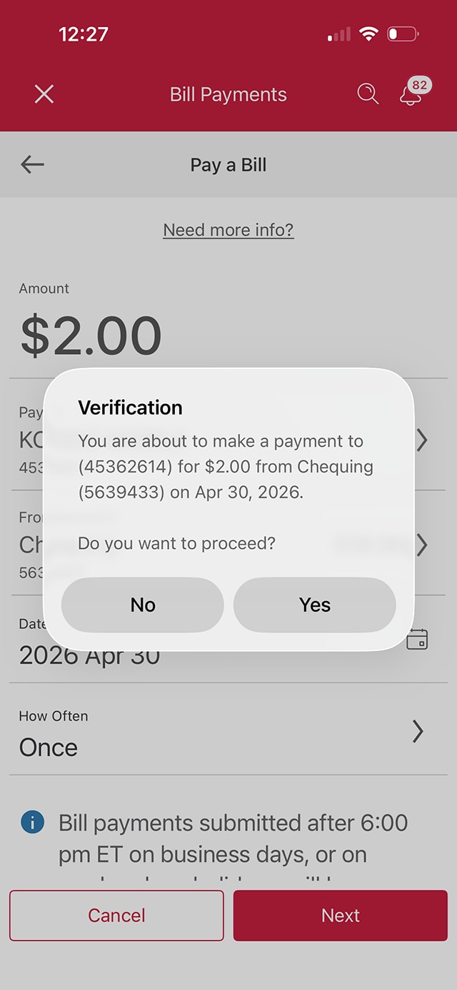 Demo screen 17: CIBC Mobile Banking App pay a bill verification. A pulsing animation highlights the "Yes" button.