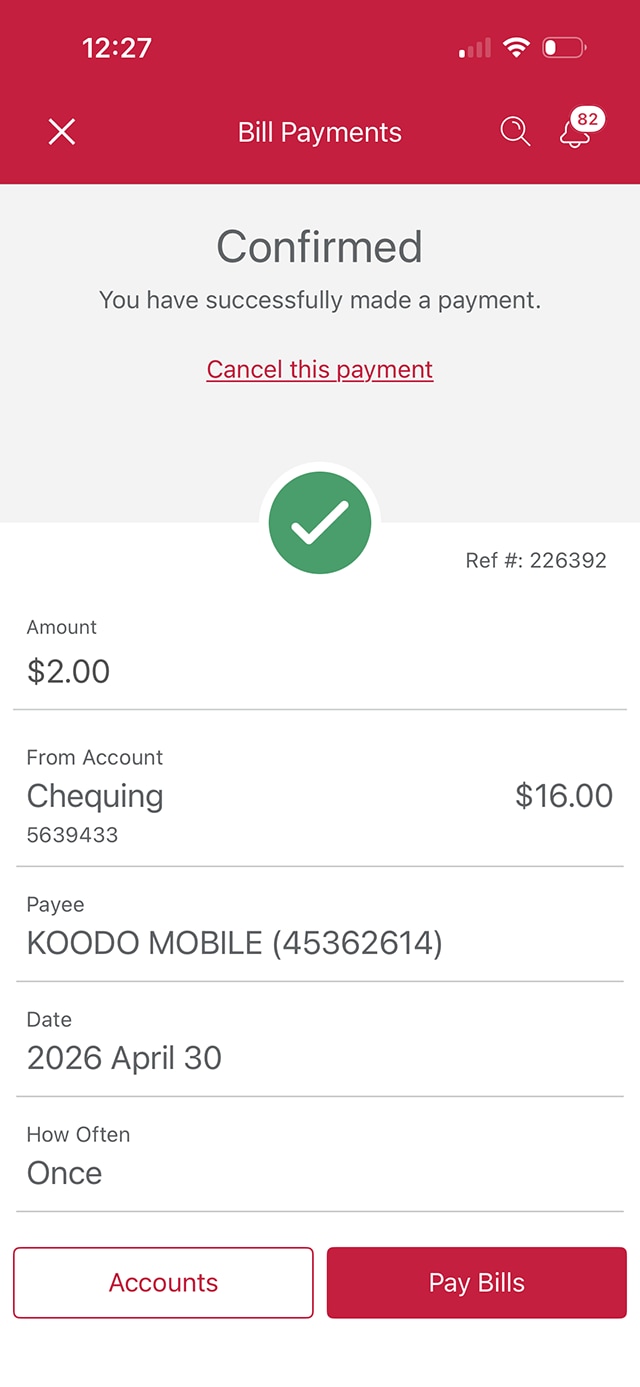 Demo screen 18: CIBC Mobile Banking App pay a bill confirmation. No pulsing animation.