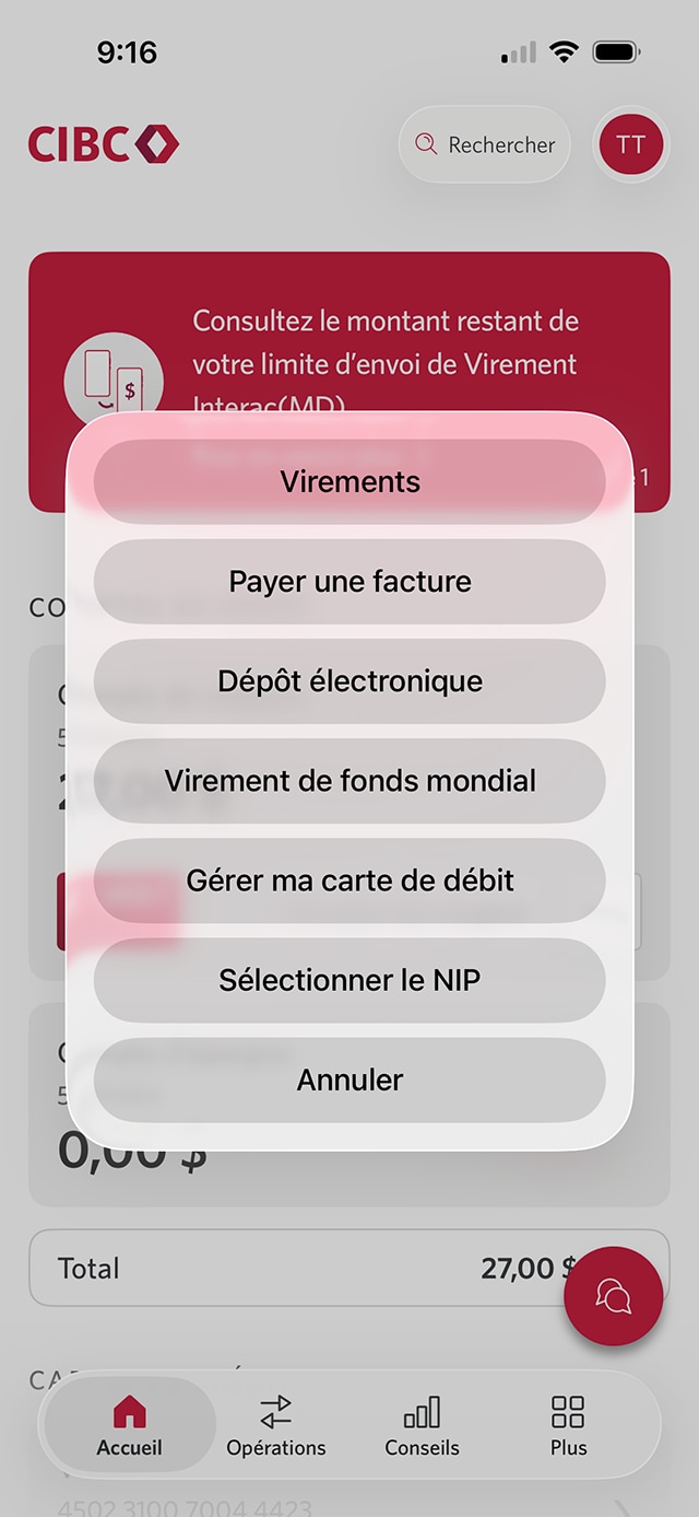 Écran 3 de la démonstration : Menu modal à trois points de l’application Services bancaires mobiles CIBC Une animation en pulsation met en évidence le bouton Payer une facture.