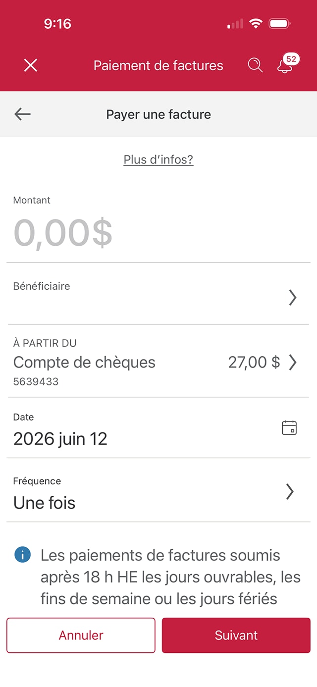 Écran 4 de la démonstration : Menu Paiements de factures de l’application Services bancaires mobiles CIBC. Une animation en pulsation met en évidence le bouton Bénéficiaire.