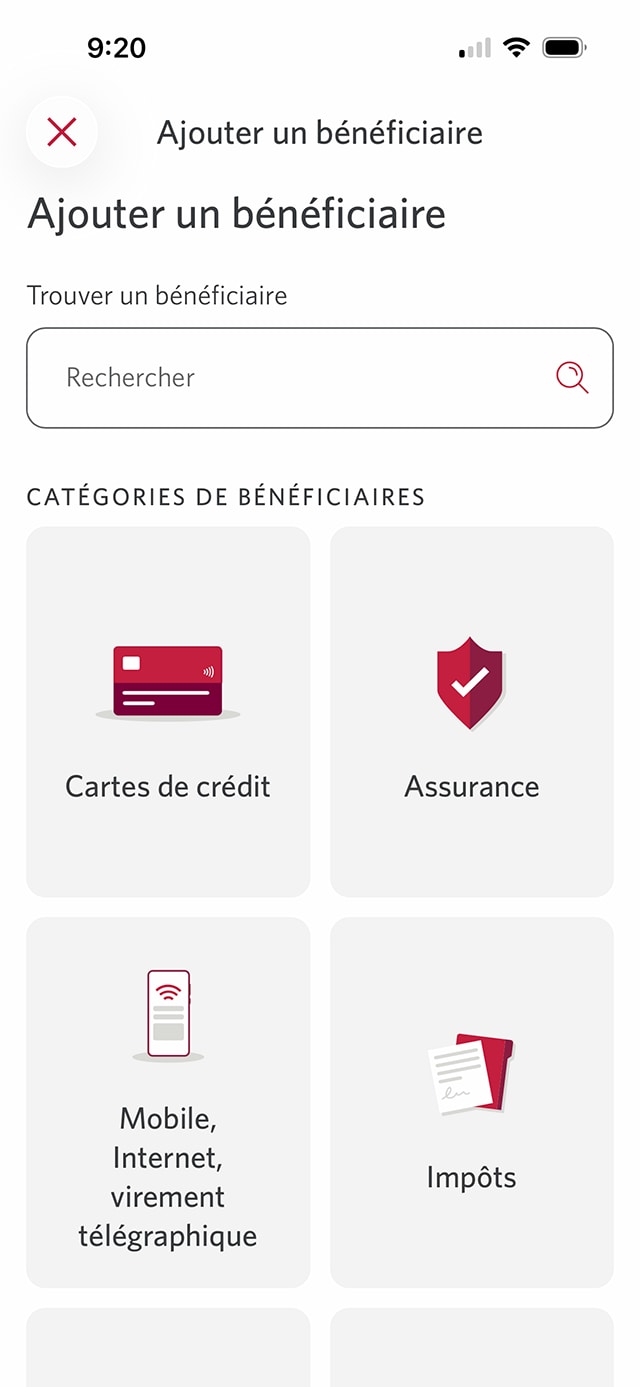 Écran 6 de la démonstration : Page Ajouter un bénéficiaire de l’application Services bancaires mobiles CIBC. Une animation en pulsation met en évidence le champ de recherche.