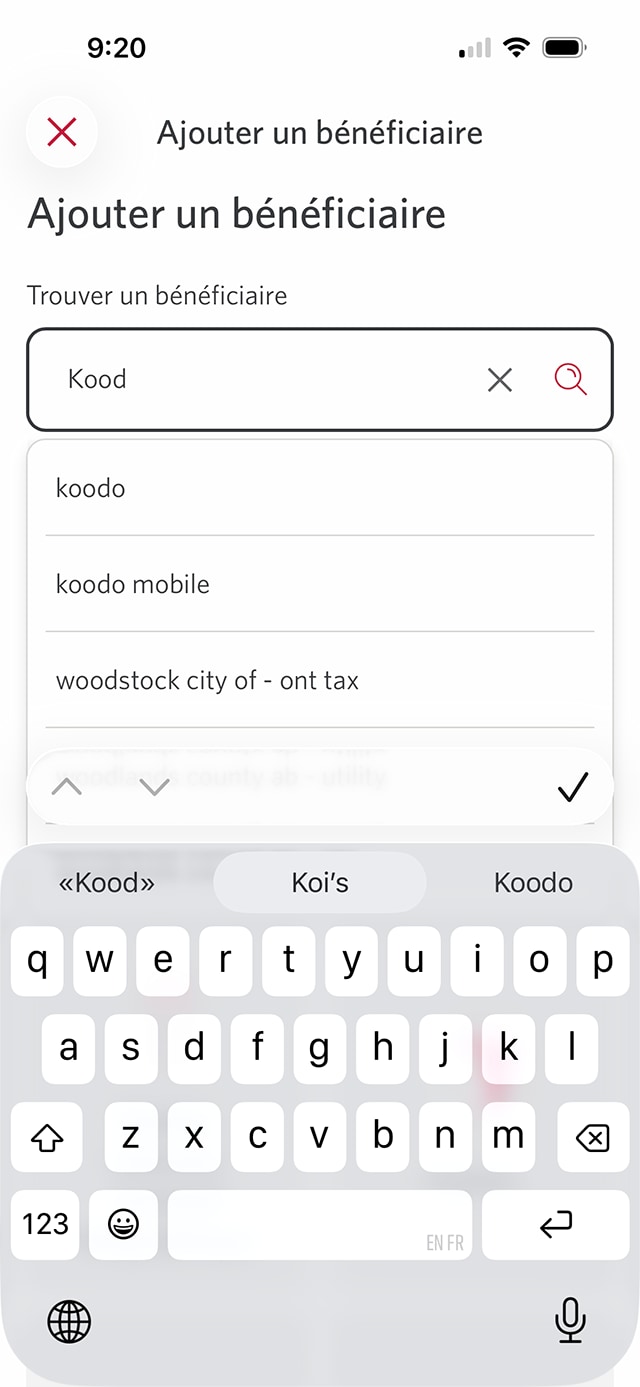 Écran 7 de la démonstration : Page Ajouter un bénéficiaire de l’application Services bancaires mobiles CIBC. Une animation en pulsation met en évidence l’option Koodo.
