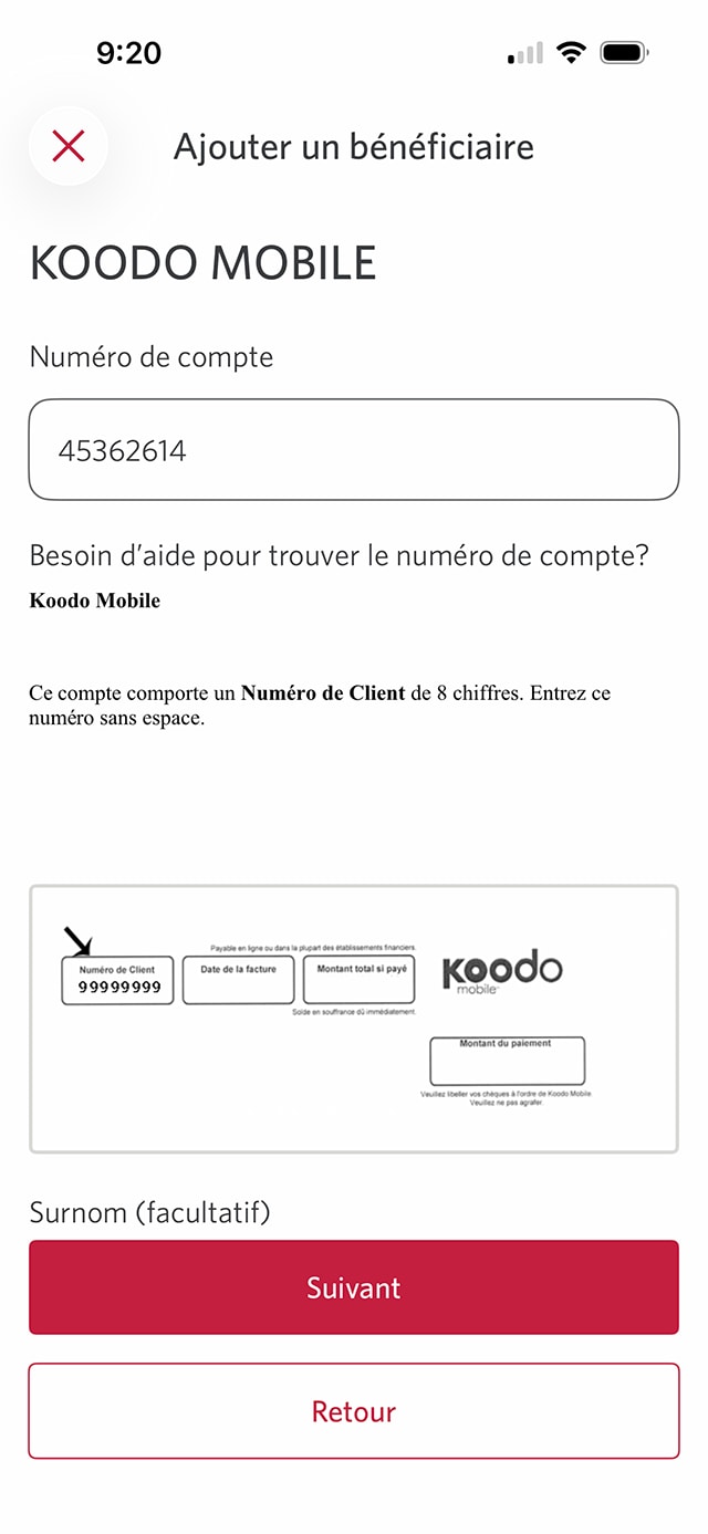 Écran 8 de la démonstration : Page Ajouter un bénéficiaire de l’application Services bancaires mobiles CIBC Une animation en pulsion met en évidence le bouton Suivant.
