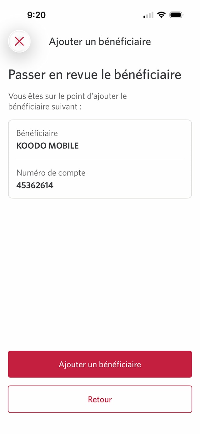 Écran 9 de la démonstration : L’application Services bancaires mobiles CIBC examine le bénéficiaire. Une animation en pulsation met en évidence le bouton Ajouter un bénéficiaire.