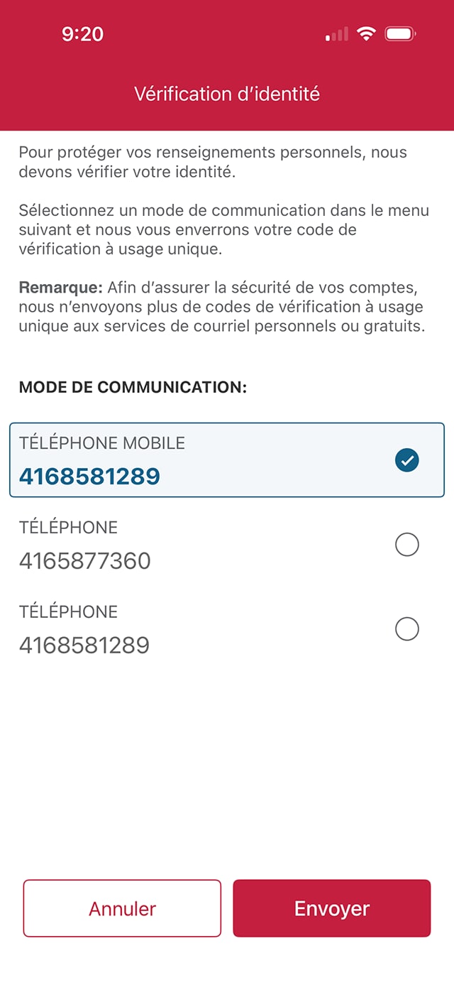 Écran 10 de la démonstration : Vérification de l’identité dans l’application Services bancaires mobiles CIBC. Une animation en pulsation met en évidence le bouton Envoyer.