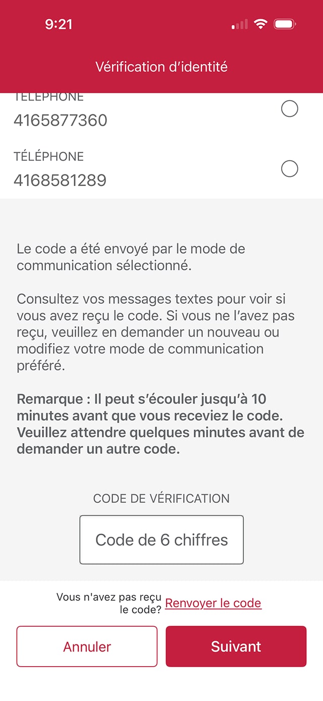 Écran 11 de la démonstration : Vérification de l’identité dans l’application Services bancaires mobiles CIBC. Une animation en pulsation met en évidence le bouton Suivant.