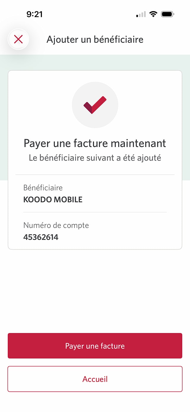 Écran 12 de la démonstration : L’application Services bancaires mobiles CIBC paie une facture dès maintenant. Une animation en pulsation met en évidence le bouton Payer une facture.