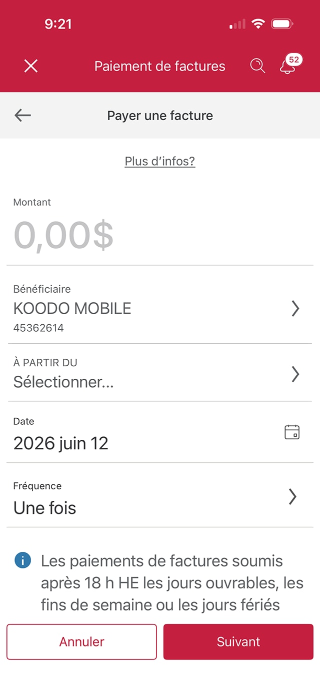 Écran 13 de la démonstration : Paiements de factures dans l’application Services bancaires mobiles CIBC. Une animation en pulsation met en évidence le champ Montant.