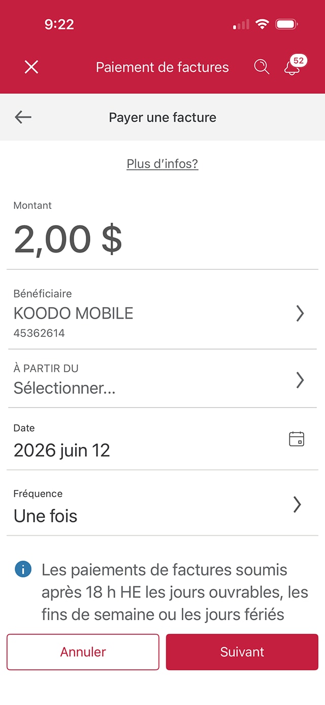 Écran 14 de la démonstration : Services bancaires mobiles CIBC paie une facture. Une animation en pulsation met en évidence le bouton À partir du.