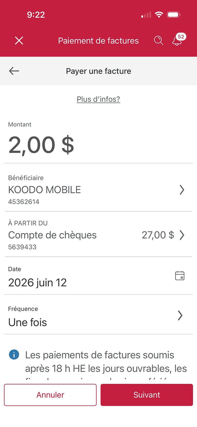 Écran 16 de la démonstration : L’application Services bancaires mobiles CIBC paie une facture. Une animation en pulsation met en évidence le bouton Suivant.