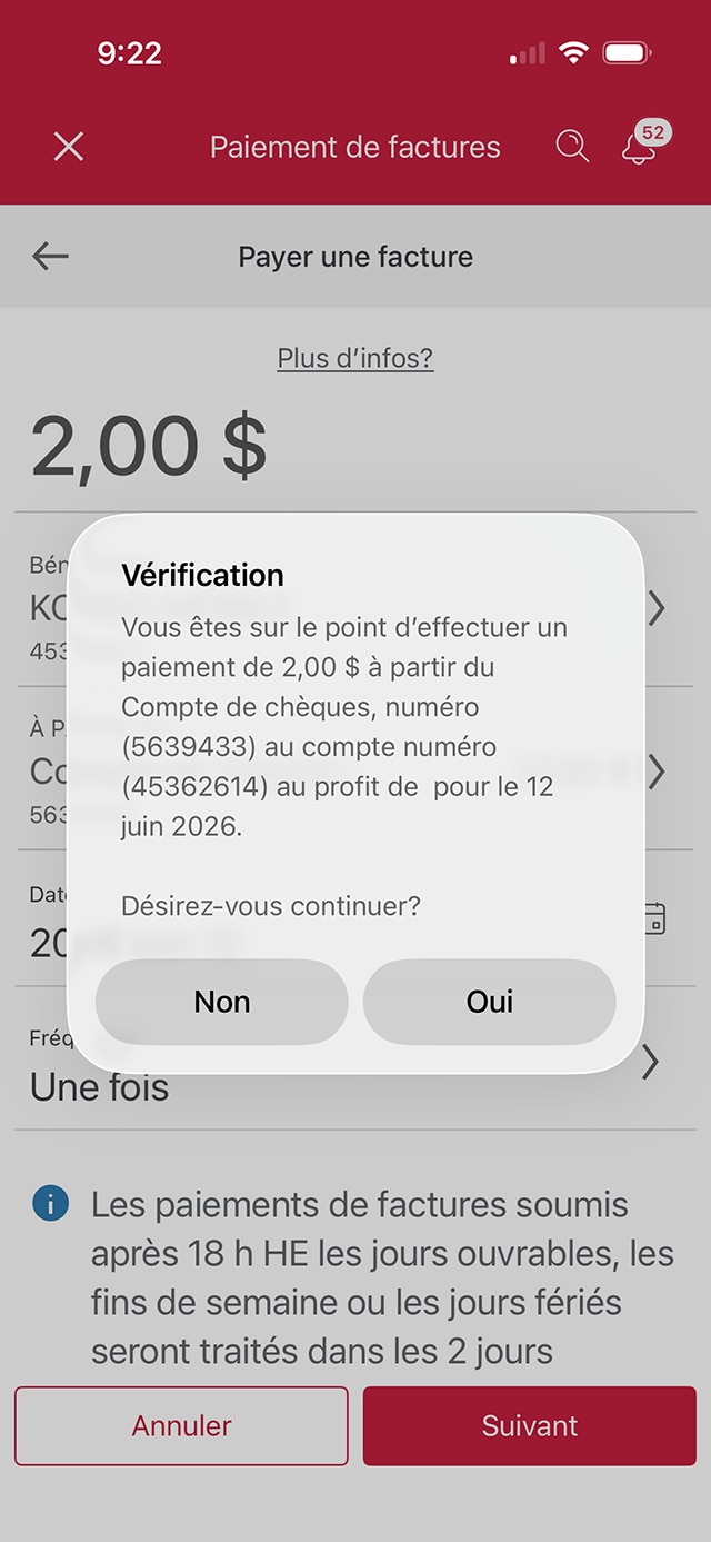 Écran 17 de la démonstration : L’application Services bancaires mobiles CIBC effectue une vérification de facture. Une animation en pulsation met en évidence le bouton Oui.