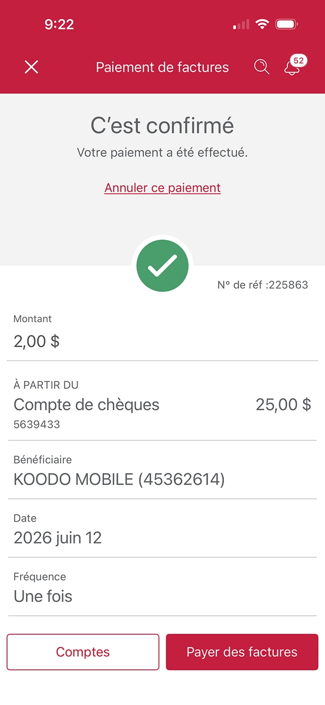 Écran 18 de la démonstration : Confirmation de paiement de facture dans l’application Services bancaires mobiles CIBC. Aucune animation en pulsation.