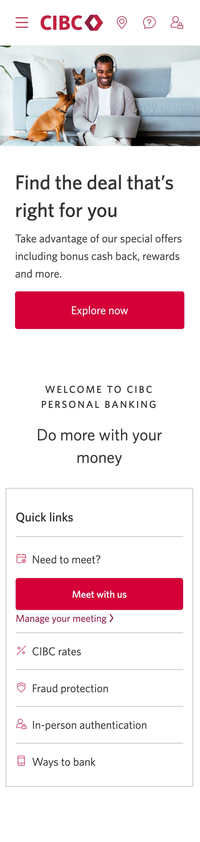 Demo screen 1: CIBC homepage. A pulsing animation highlights the "Sign on" button.