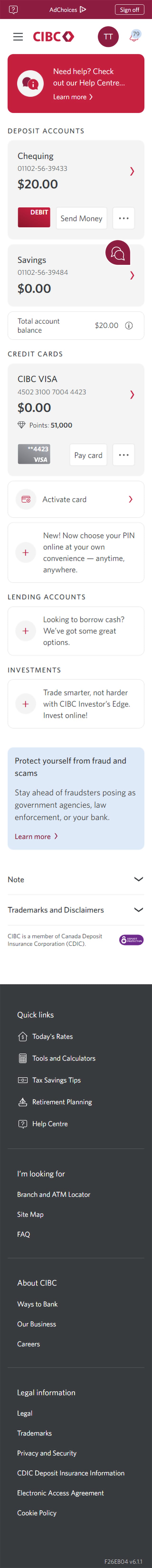 Demo screen 2: CIBC Online Banking homepage. A pulsing animation highlights the "More options" menu.