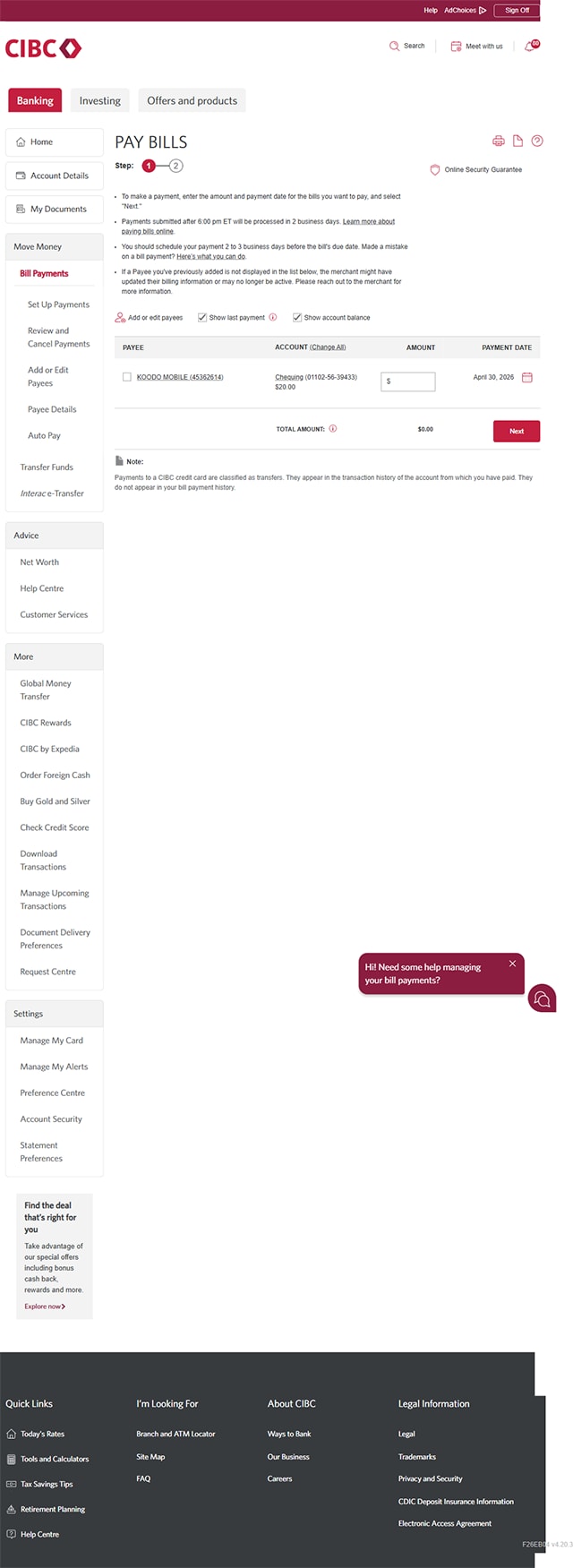 Demo screen 4: CIBC Online Banking pay bills page. A pulsing animation highlights the "Add or Edit Payees" link.