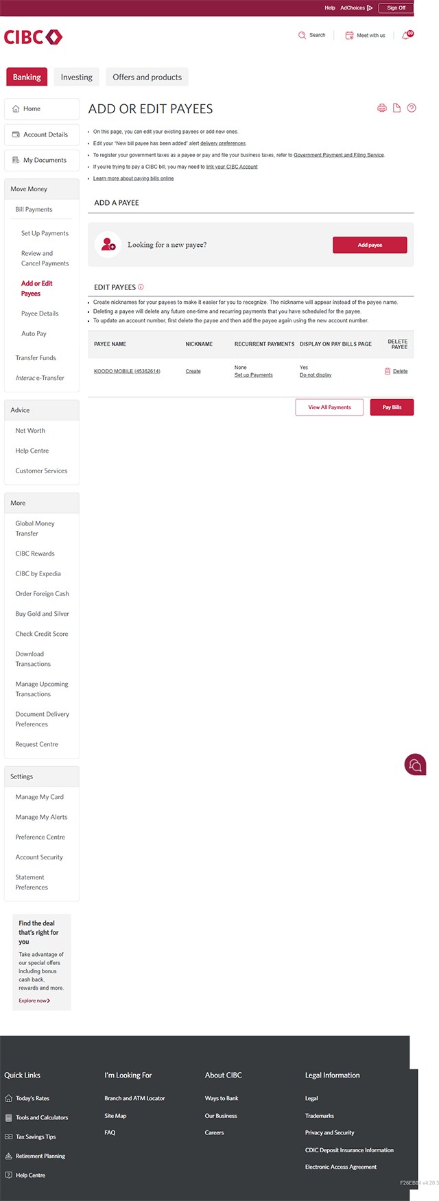 Demo screen 5: CIBC Online Banking add or edit payees. A pulsing animation highlights the "Add payee" button.