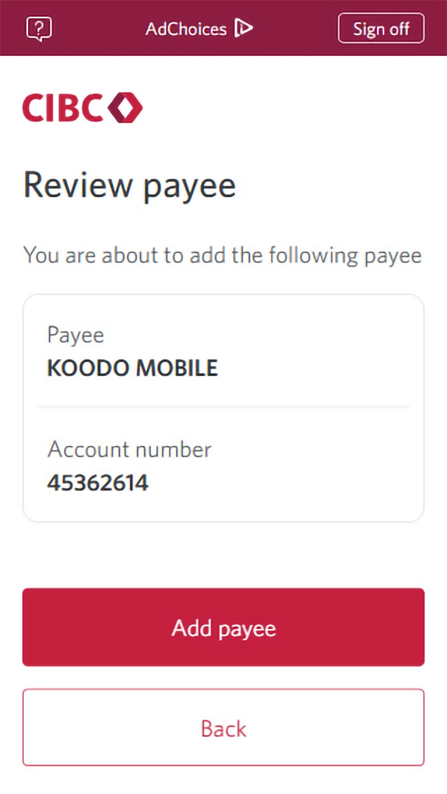 Demo screen 9: CIBC Online Banking review payee. A pulsing animation highlights the "Add payee" button.