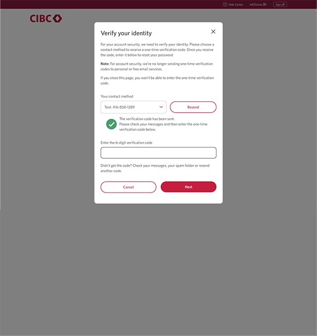 Demo screen 11: CIBC Online Banking verify your identity. A pulsing animation highlights the "Next" button.