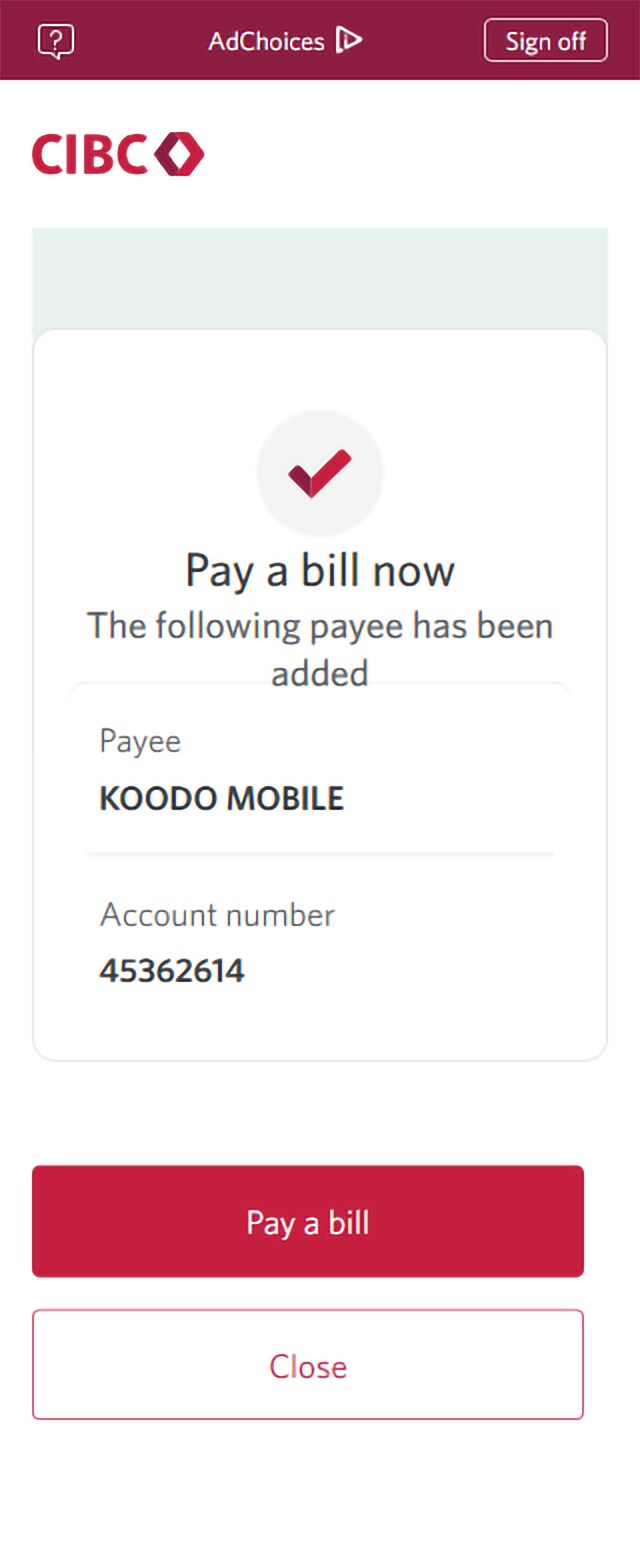 Demo screen 12: CIBC Online Banking Pay a bill now. A pulsing animation highlights the "Pay a bill" button.