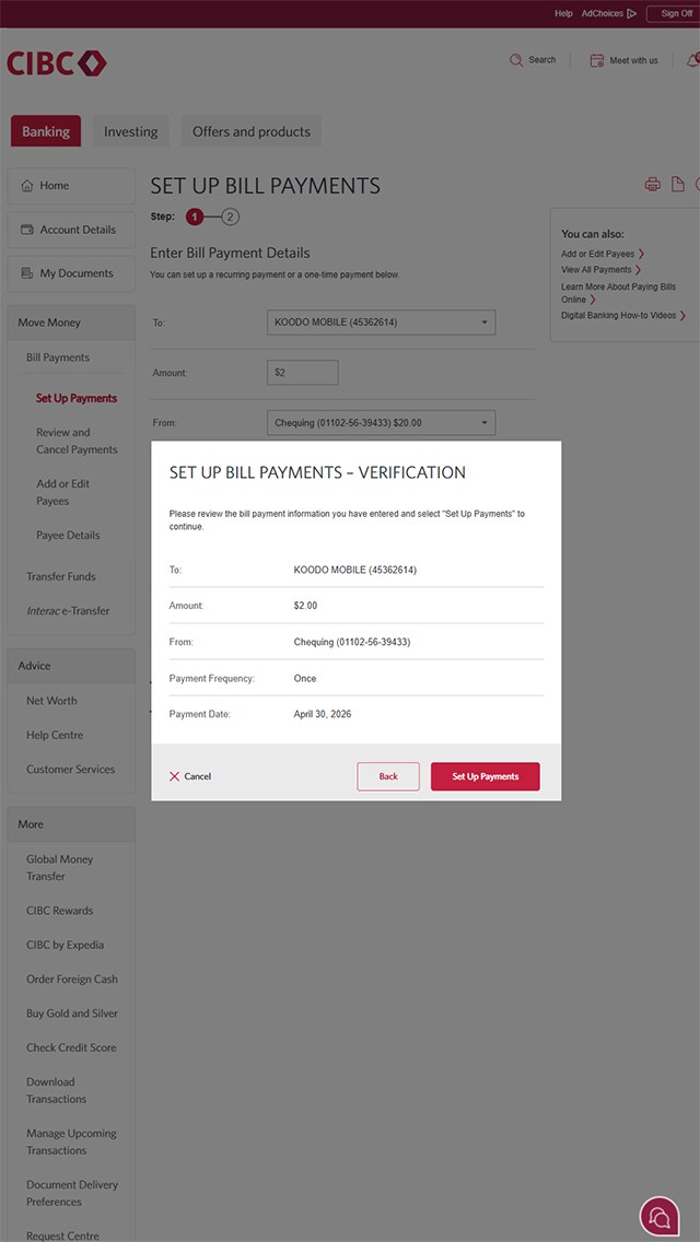 Demo screen 16: CIBC Online Banking pay bills page. A pulsing animation highlights the "Set Up Payments" button.