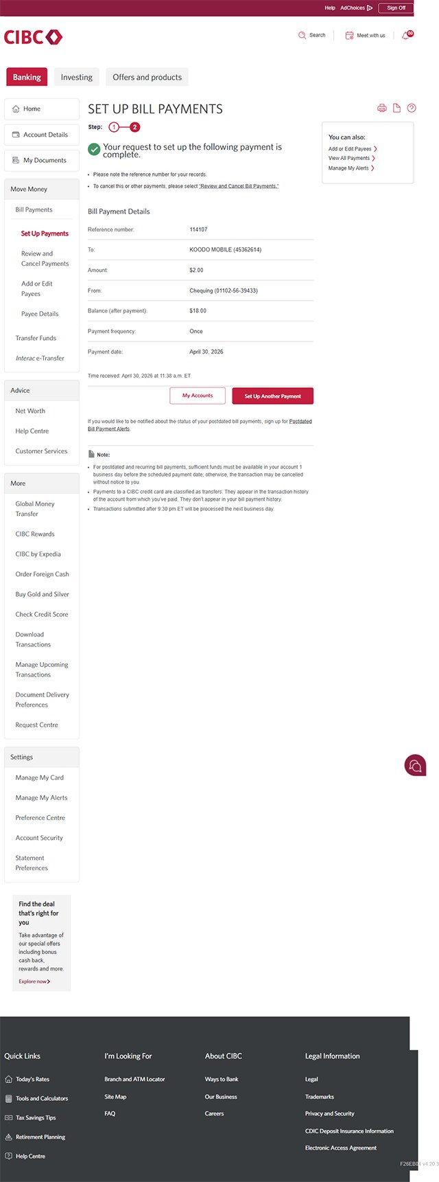 Demo screen 17: CIBC Online Banking pay bills confirmation page. No pulsing animation.