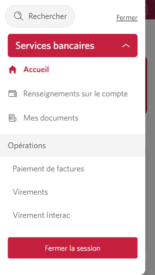 Écran 3 de la démonstration : Page d’accueil de Services bancaires CIBC en direct. Une animation en pulsation met en évidence le lien vers les paiements de factures.