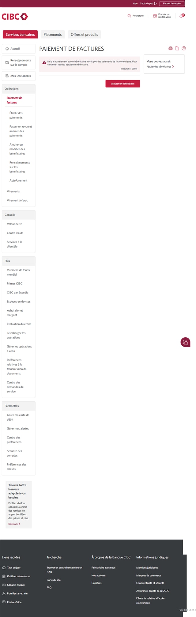 Écran 4 de la démonstration : Page Paiements de factures de Services bancaires CIBC en direct. Une animation en pulsation met en évidence le lien Ajouter ou modifier des bénéficiaires.