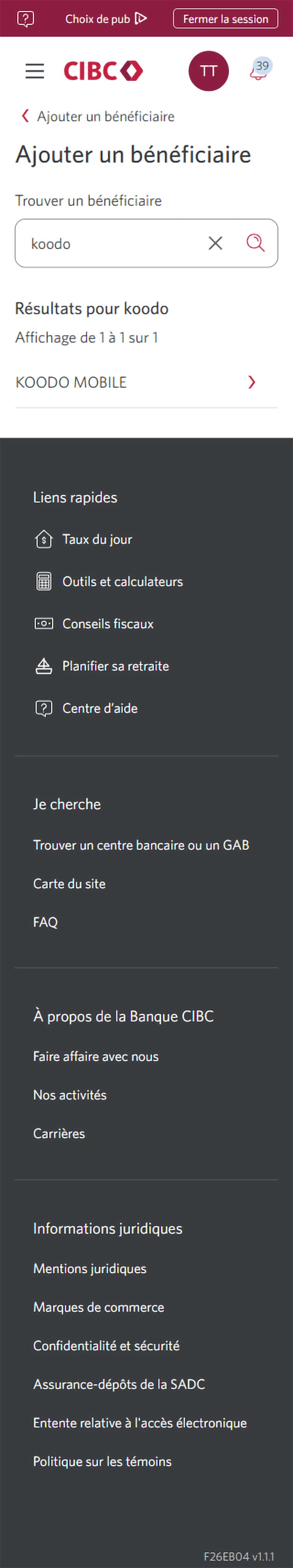 Écran 7 de la démonstration : Ajout ou modification de bénéficiaires dans Services bancaires CIBC en direct. Une animation en pulsation met en évidence le bouton à chevrons du lien mobile vers Koodo.