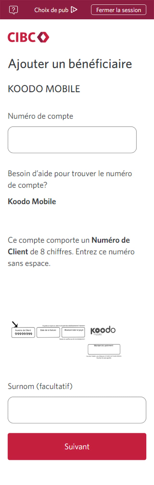 Écran 8 de la démonstration : Ajout ou modification de bénéficiaires dans Services bancaires CIBC en direct. Une animation en pulsation met en évidence le bouton suivant.