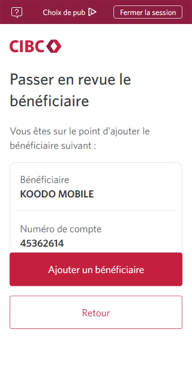Écran 9 de la démonstration : Services bancaires CIBC en direct examine le bénéficiaire. Une animation en pulsation met en évidence le bouton Ajouter un bénéficiaire.