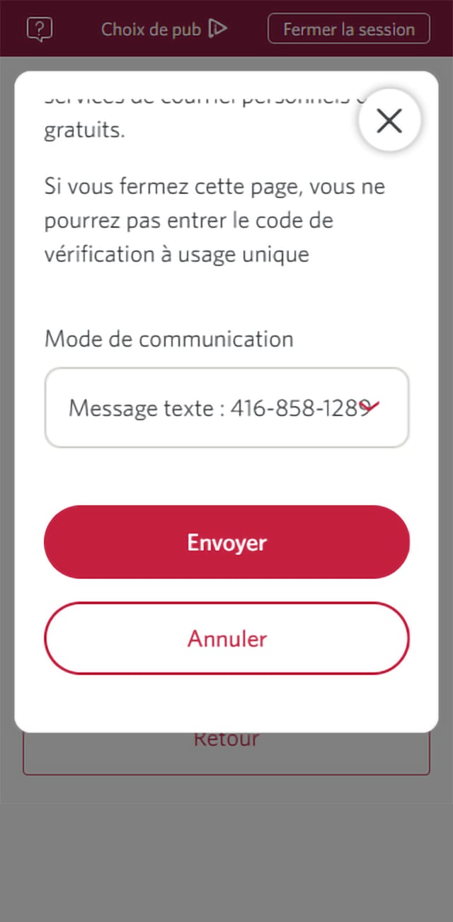 Écran 10 de la démonstration : Vérifiez votre identité dans Services bancaires CIBC en direct. Une animation en pulsation met en évidence le bouton Envoyer.