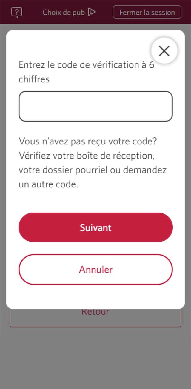 Écran 11 de la démonstration : Vérifiez votre identité dans Services bancaires CIBC en direct. Une animation en pulsation met en évidence le bouton Suivant.