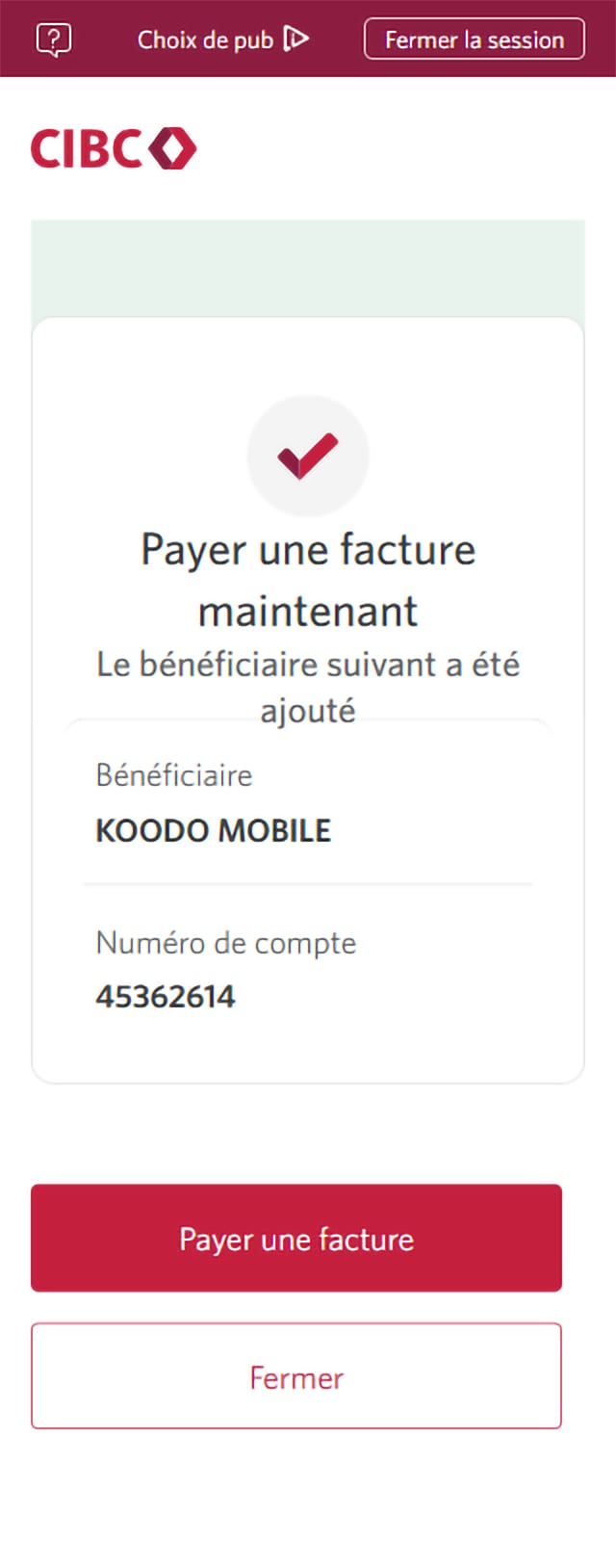 Écran 12 de la démonstration : Services bancaires CIBC en direct Payez une facture dès maintenant. Une animation en pulsation met en évidence le bouton Payer une facture.