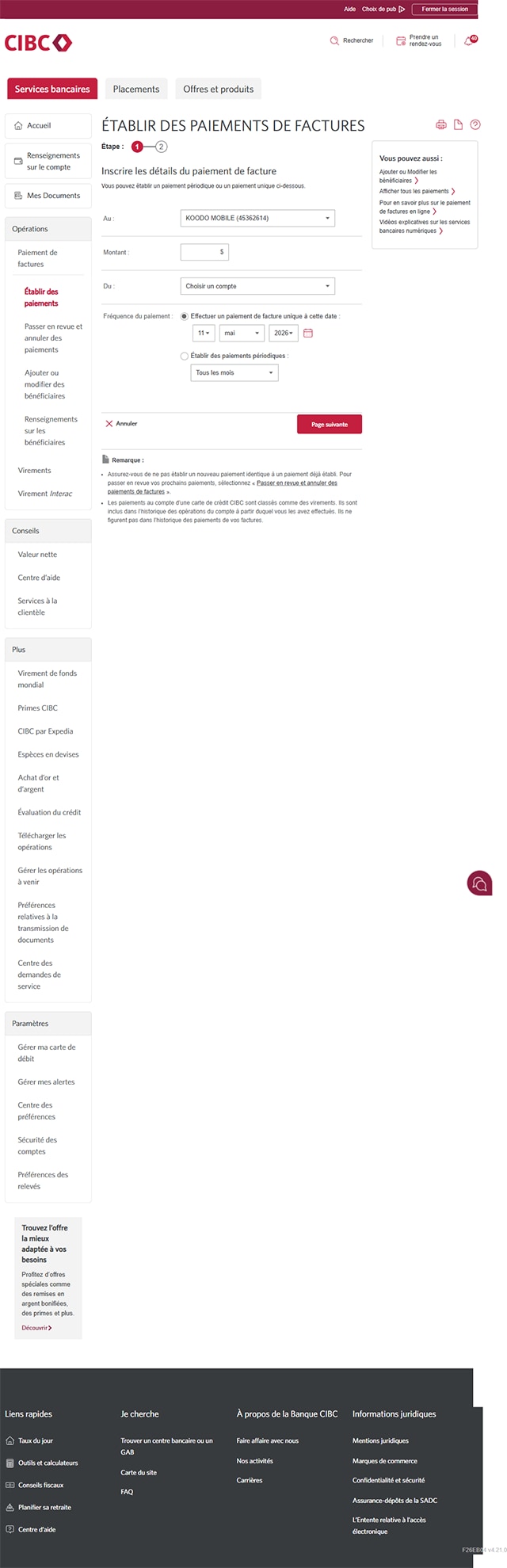 Écran 13 de la démonstration : Page d’établissement des paiements de factures de Services bancaires CIBC en direct. Une animation en pulsation met en évidence le champ du montant.