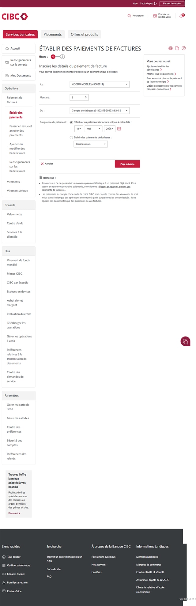Écran 14 de la démonstration : Page Paiements de factures de Services bancaires CIBC en direct. Une animation en pulsation met en évidence le bouton de calendrier.