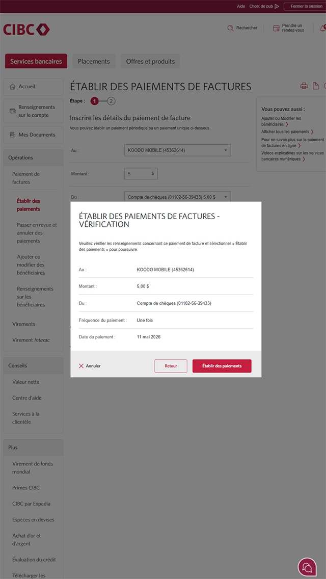 Écran 16 de la démonstration : Page Paiements de factures de Services bancaires CIBC en direct. Une animation en pulsation met en évidence le bouton de configuration des paiements.