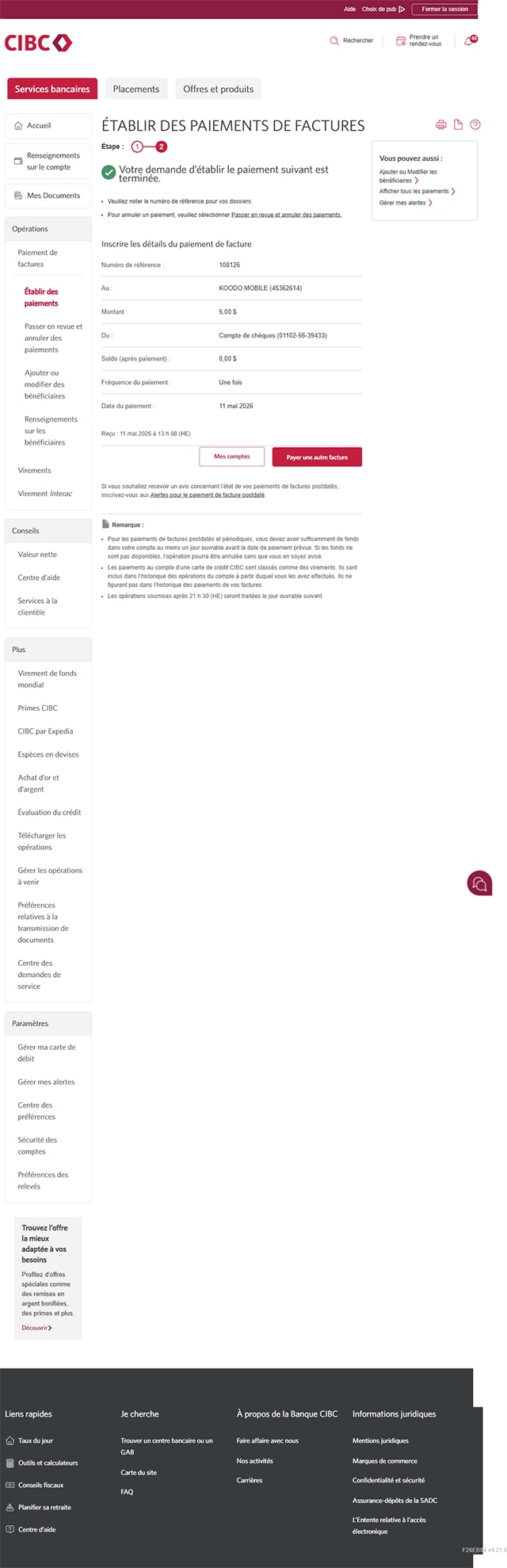 Écran 17 de la démonstration : Page de confirmation des factures de Services bancaires CIBC en direct. Aucune animation en pulsation.