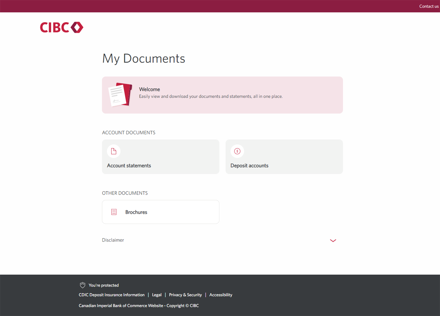 Demo screen 3: CIBC My Documents page. A pulsing animation highlights the "Account statement" link.